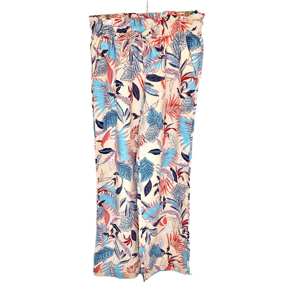 Nicole Miller Linen Blend Wide Leg Pants Medium Paper Bag Waist‎ Tropical Floral
